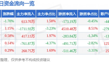股票行情快报：深圳能源（000027）8月27日主力资金净买入613.70万元