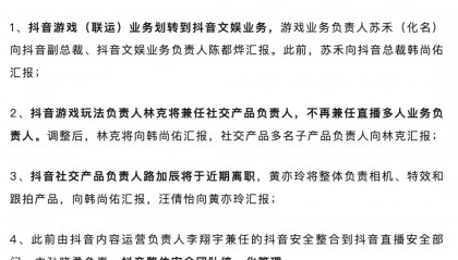 抖音多条业务线面临架构调整：抖音游戏将划入抖音文娱板块