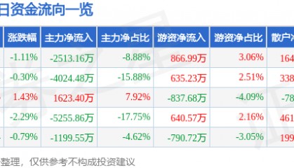 股票行情快报：山推股份（000680）8月19日主力资金净卖出2513.16万元