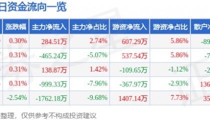 股票行情快报：深圳能源（000027）8月6日主力资金净买入284.51万元