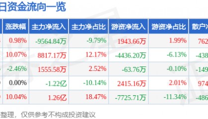 股票行情快报：飞乐音响（600651）8月5日主力资金净卖出9564.84万元