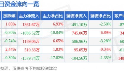 股票行情快报：深圳能源（000027）8月13日主力资金净买入1361.67万元