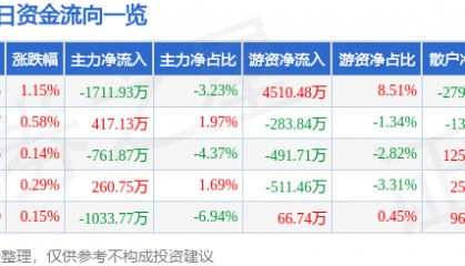 股票行情快报：深圳能源（000027）8月26日主力资金净卖出1711.93万元