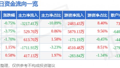 股票行情快报：深圳能源（000027）8月29日主力资金净卖出3217.41万元