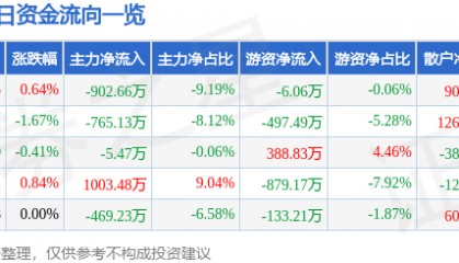 股票行情快报：南网能源（003035）8月28日主力资金净卖出902.66万元