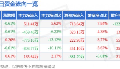 股票行情快报：三友化工（600409）6月13日主力资金净买入511.41万元