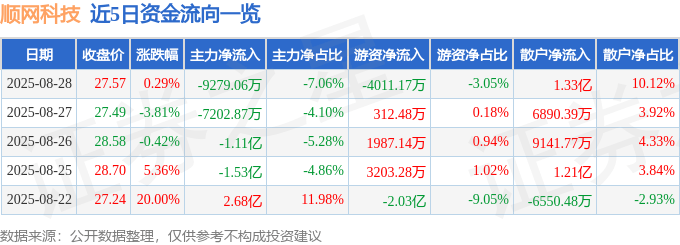 股票行情快报：顺网科技（300113）8月28日主力资金净卖出9279.06万元