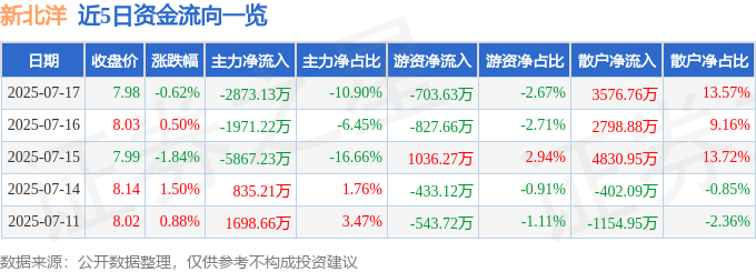 股票行情快报：新北洋（002376）7月17日主力资金净卖出2873.13万元