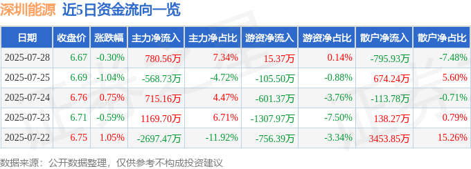股票行情快报:深圳能源(000027)7月28日主力资金净买入780.56万元