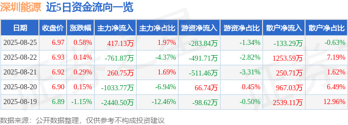 股票行情快报:深圳能源(000027)8月25日主力资金净买入417.13万元