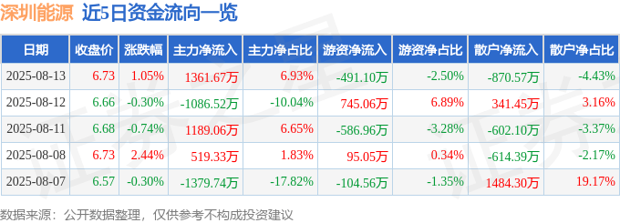股票行情快报:深圳能源(000027)8月13日主力资金净买入1361.67万元