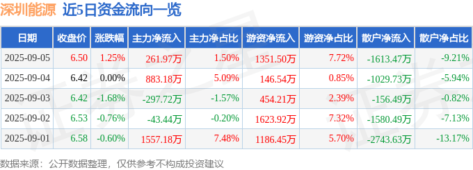 股票行情快报:深圳能源(000027)9月5日主力资金净买入261.97万元