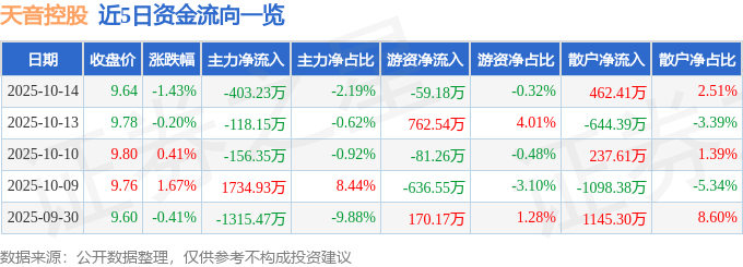 股票行情快报:天音控股(000829)10月14日主力资金净卖出403.23万元
