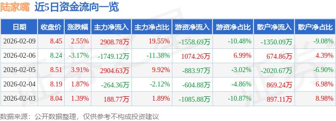 股票行情快报：陆家嘴（600663）2月9日主力资金净买入2908.78万元