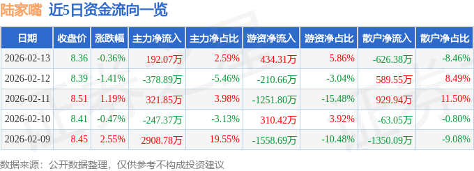 股票行情快报：陆家嘴（600663）2月13日主力资金净买入192.07万元