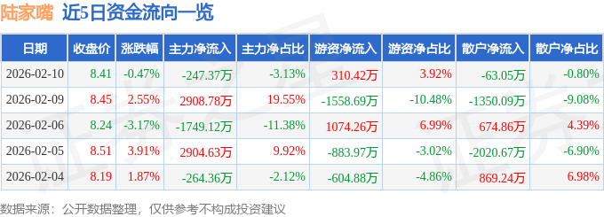 股票行情快报：陆家嘴（600663）2月10日主力资金净卖出247.37万元