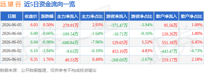 股票行情快报：远望谷（002161）6月5日主力资金净买入279.91万元