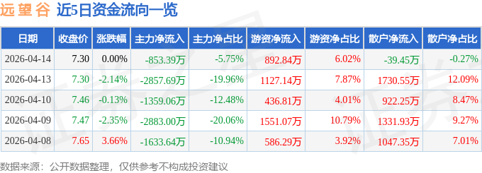 股票行情快报：远望谷（002161）4月14日主力资金净卖出853.39万元